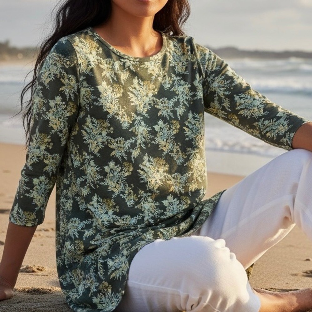 J. Jill Luxe Supima Floral 3/4 Sleeve Tunic Top Charcoal Green XS Cottaecore
